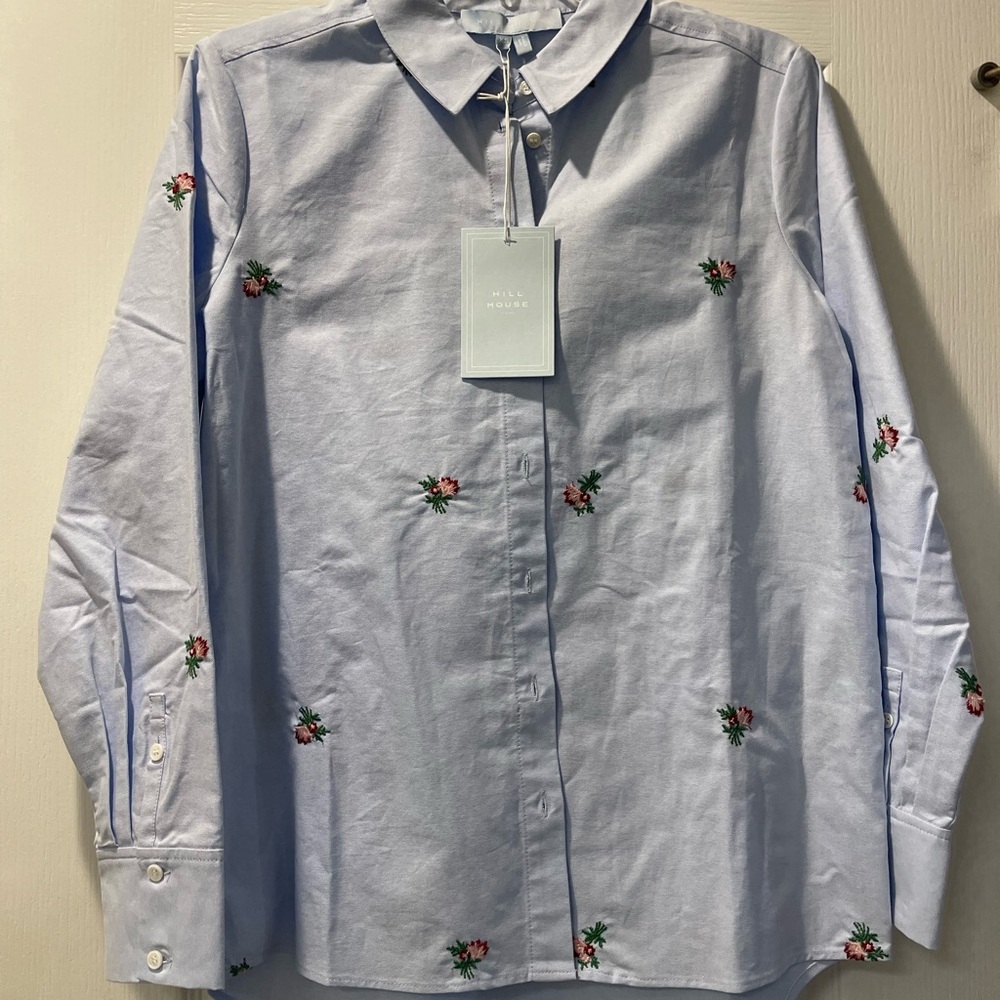 Brand New Hill House Home James Shirt - Size XS - Oxford Blue Floral Embroidery